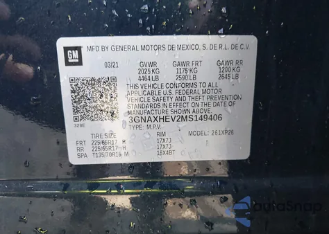 2021 Chevrolet Equinox Ls z USA, uszkodzony, nr VIN 3GNAXHEV2MS149406